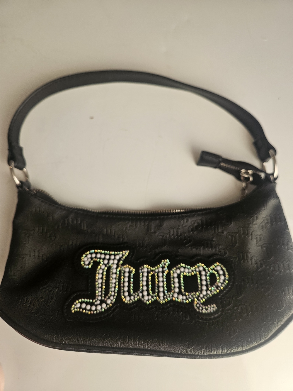 Juicy Couture Black Embossed Crescent Shoulder Bag with Rhinestone Logo